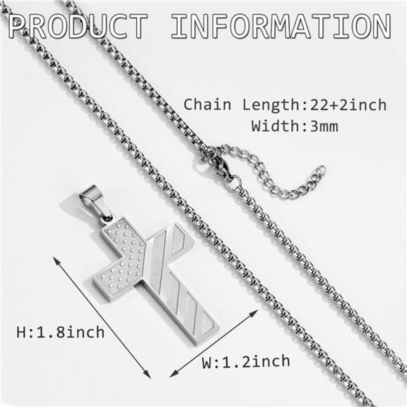 Silver American Flag Cross Necklace for Men Stainless Steel Box Chain 22+2 inch - Picture 3 of 6